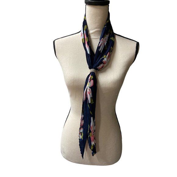 Womens Floral Pleated Scarf Navy Blue Green Pink Patterned 6 x 53 inches - Picture 1 of 8